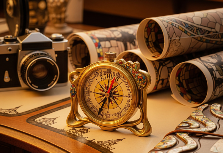 AI-Generated image of an ethical compass with the word ethics where North would be.  Cameras, maps, and journalis are also on the desk in the style of Antoni Gaudí. (Generated with Imagen 4)