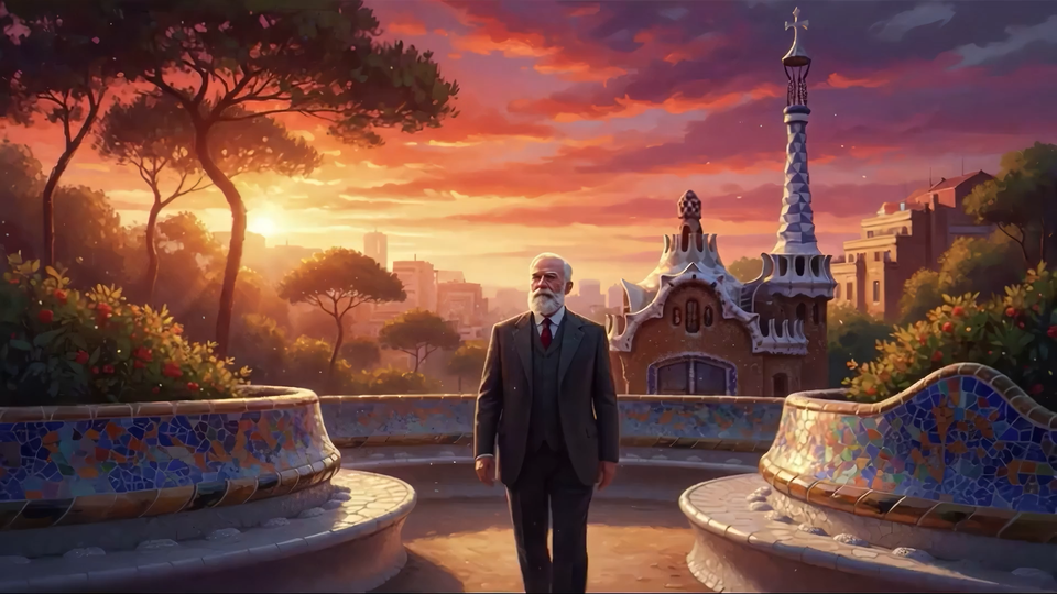 A generated AI Antoni Gaudí walks through a dreamlike version of Parc Guell